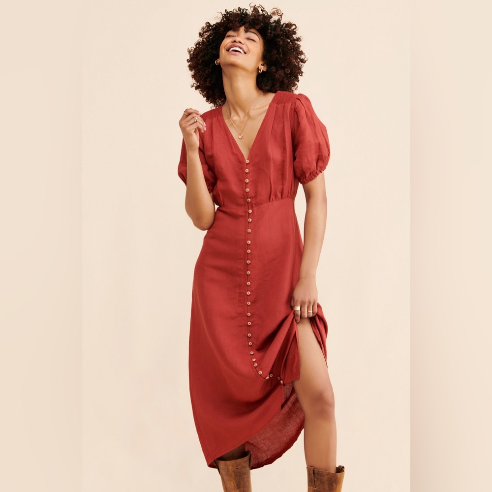 Saint Helena Cleo Button Front Dress - Rust Color - Linen Fabric